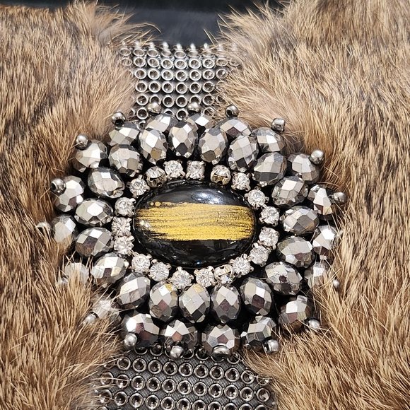 Sondra Roberts Metal Mesh Wristlet With Genuine Rabbit Fur And Stones - Picture 10 of 10